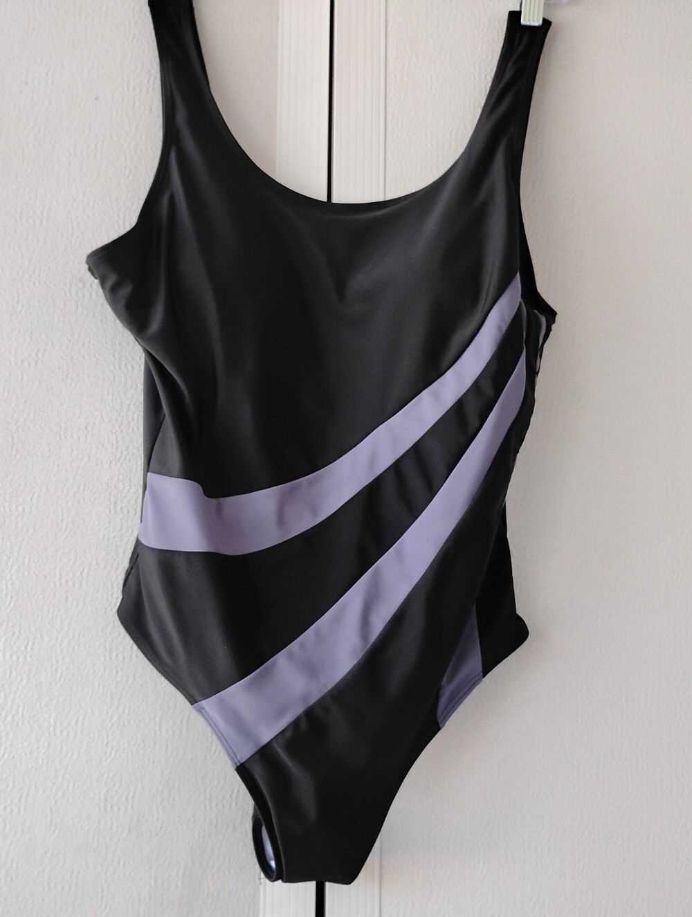 Black One-Piece Swimsuit with Lavender Stripes